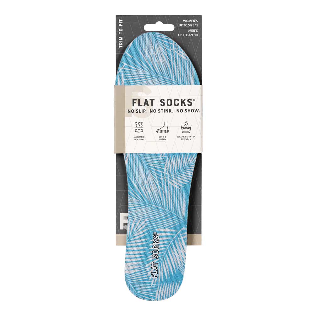 View of the front of sky blue leaf print FLAT SOCK in packaging, FLAT SOCKS no slip, no stink, no show. Moisture wicking, soft & cushy, washer & dryer friendly. Features white palm tree leaves printed on insole liner #size_small-up-to-women-s-11-men-s-10