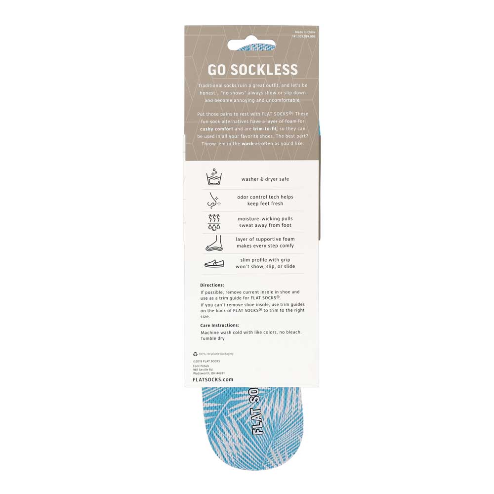 View of the back of sky blue leaf print FLAT SOCK in packaging, washer & dryer safe, odor control tech help keep feet fresh, moisture-wicking pulls sweat away from foot, layer of supportive foam makes every step comfy, slim profile with grip won’t show, slip, or slide. #size_small-up-to-women-s-11-men-s-10