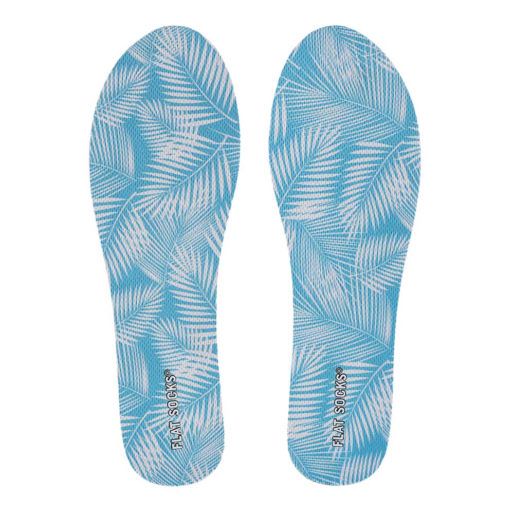 View of top fabric on pair of sky blue leaf print FLAT SOCKS, insole liner features white palm tree leaves printed on top fabric #size_small-up-to-women-s-11-men-s-10