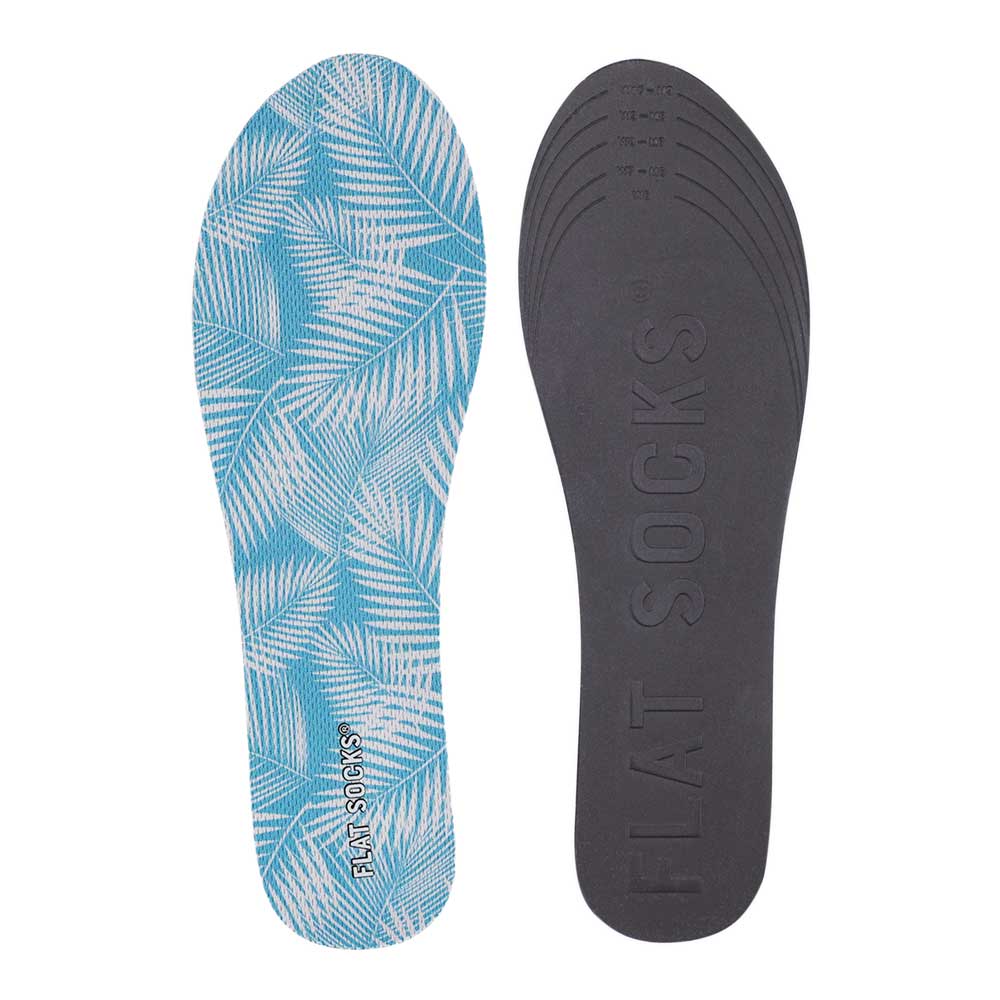 View of top fabric on left liner, view of bottom of right liner. Insole liner features white palm tree leaves printed on top fabric. Bottom of FLAT SOCK is 100% black polyurethane foam and provides slight cushion under foot and its super grippy surface helps liner stay in place all day #size_small-up-to-women-s-11-men-s-10