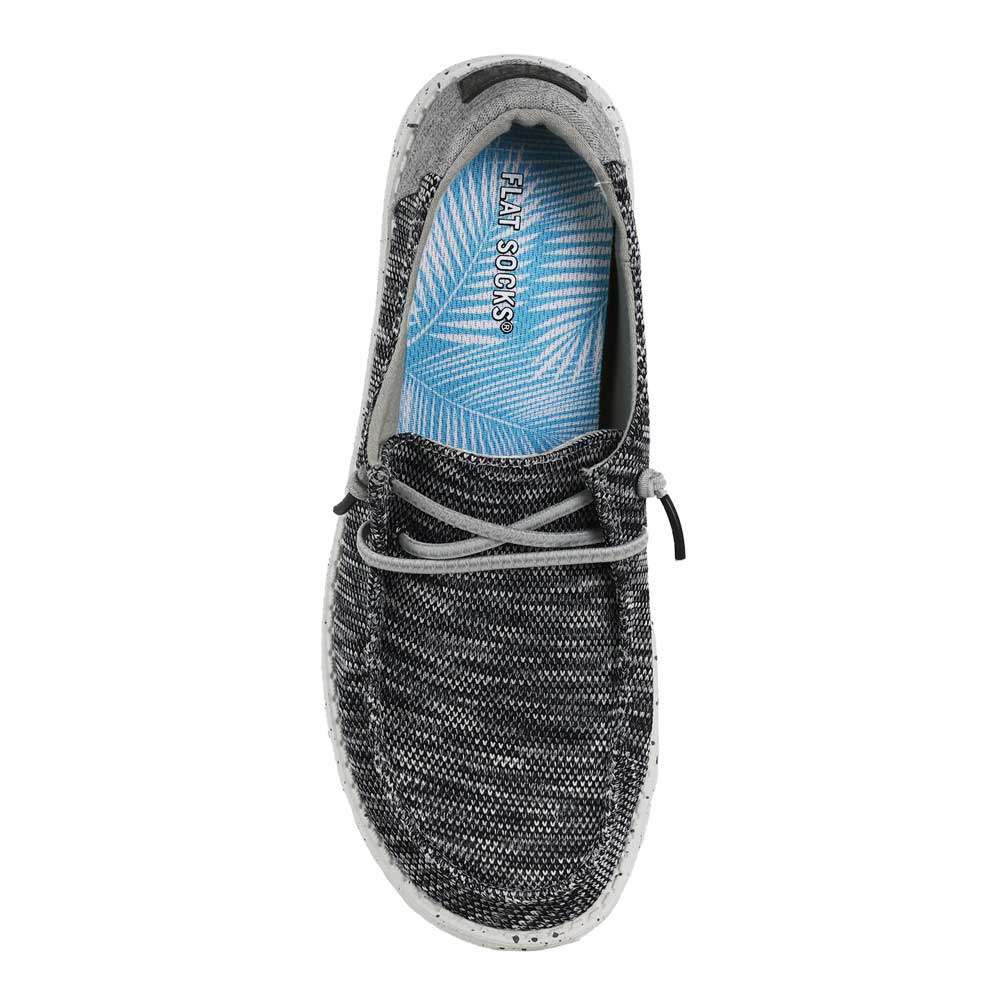 Sky blue leaf print FLAT SOCK in dark gray slip-on shoe. Insole liner features white palm tree leaves printed on top fabric. Shoe liner is made of 100% polyester BK mesh, a more breathable material, helps protect and extend life of shoes. #size_small-up-to-women-s-11-men-s-10