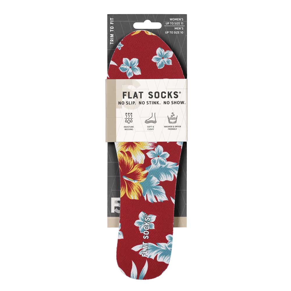 View of the front of red floral print FLAT SOCK in packaging, FLAT SOCKS no slip, no stink, no show. Moisture wicking, soft & cushy, washer & dryer friendly. Features teal plumeria flowers and monstera leaves, yellow hibiscus flowers printed on insole liner #size_small-up-to-women-s-11-men-s-10