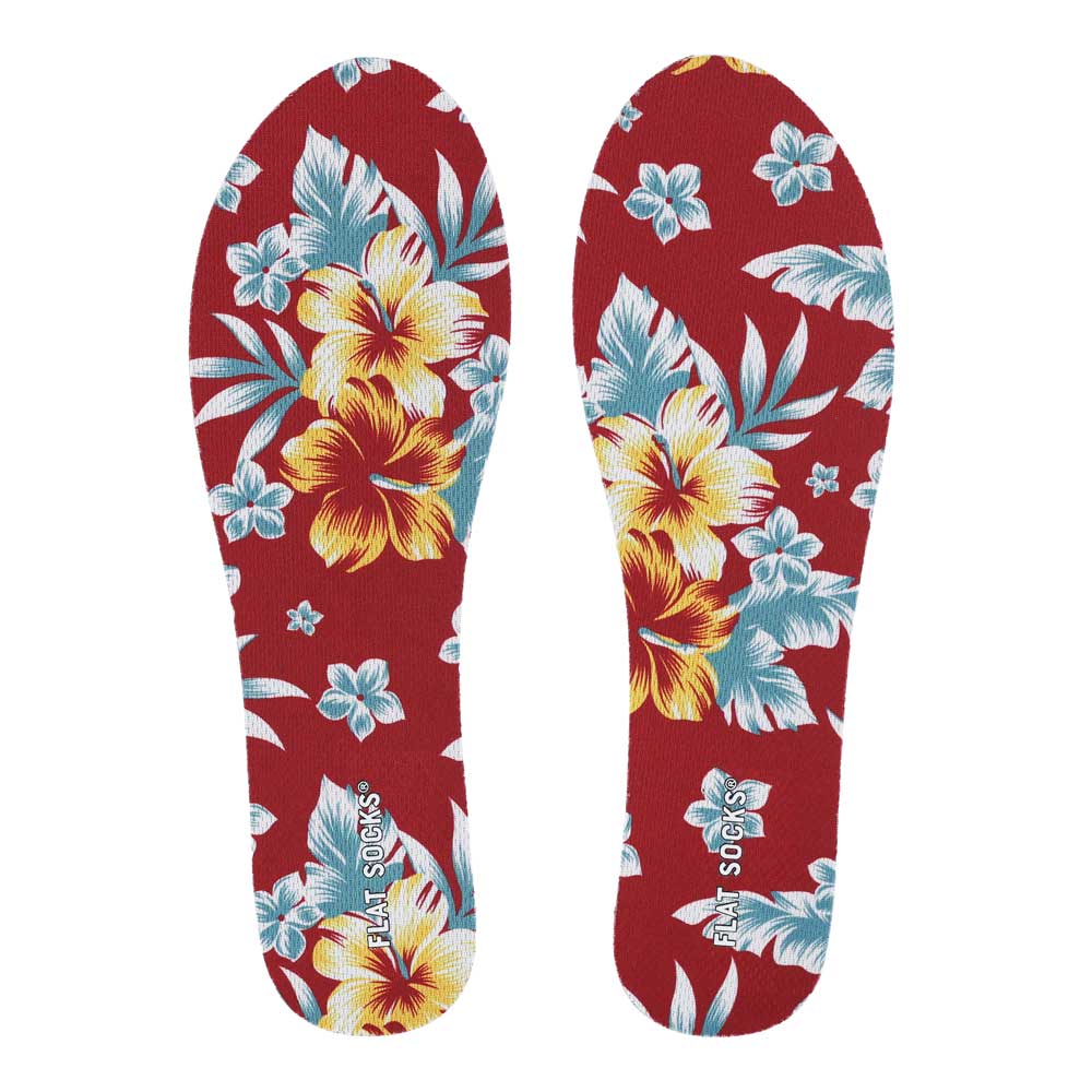 View of top fabric on pair of red floral print FLAT SOCKS, insole liner features teal plumeria flowers and monstera leaves, yellow hibiscus flowers printed on top fabric #size_small-up-to-women-s-11-men-s-10