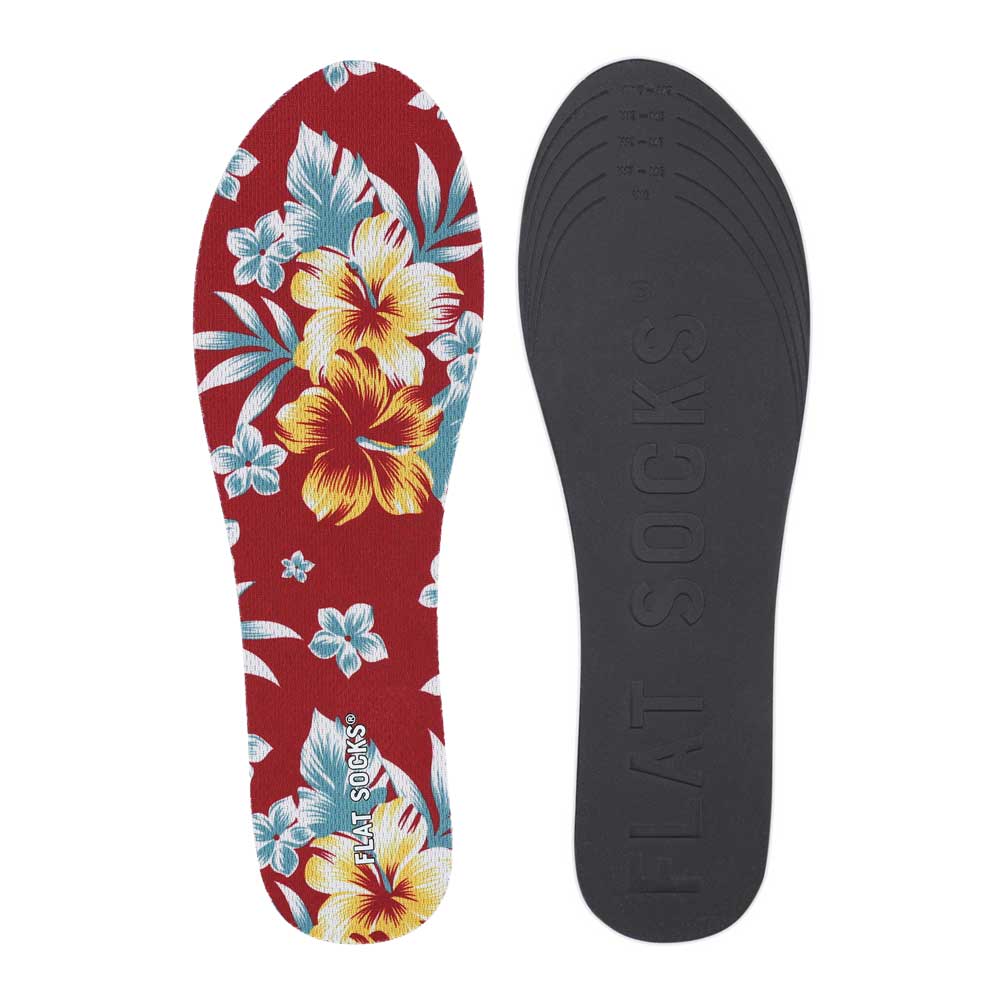 View of top fabric on left liner, view of bottom of right liner. Insole liner features teal plumeria flowers and monstera leaves, yellow hibiscus flowers printed on top fabric. Bottom of FLAT SOCK is 100% black polyurethane foam and provides slight cushion under foot and its super grippy surface helps liner stay in place all day #size_small-up-to-women-s-11-men-s-10