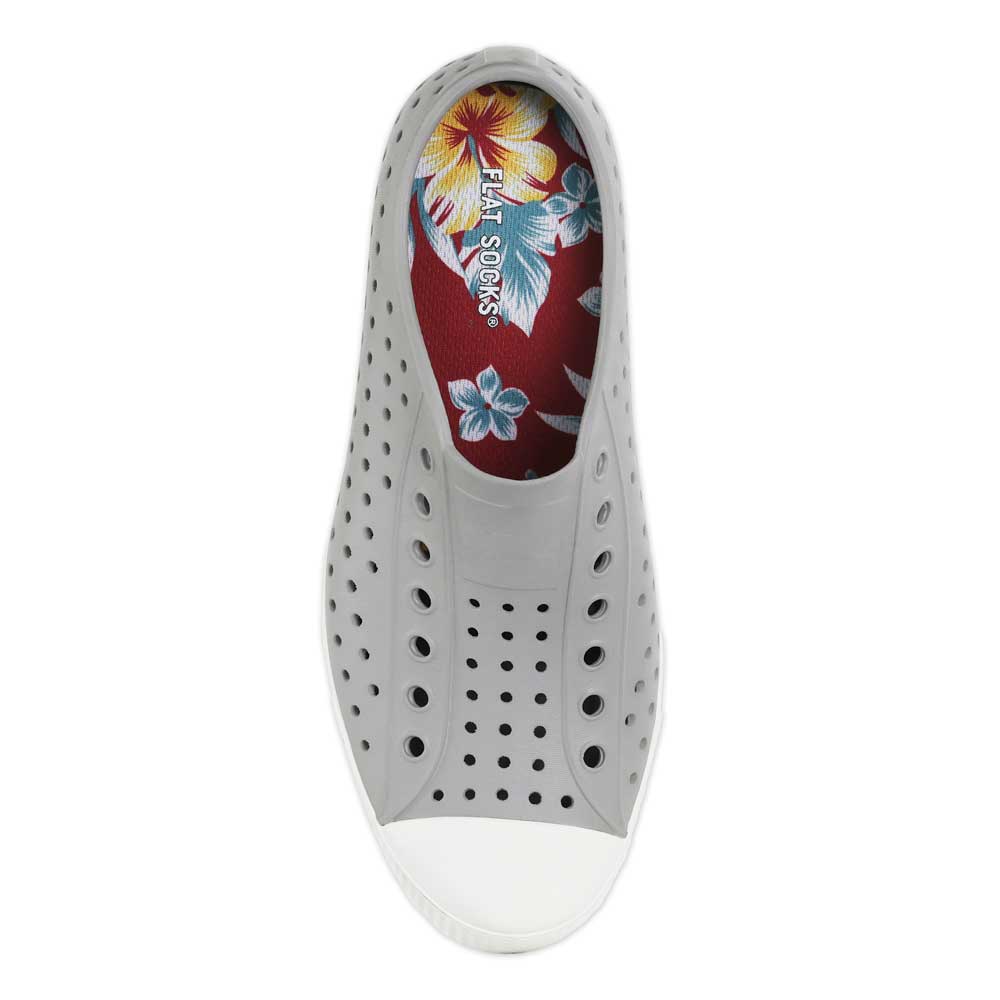 Red floral print FLAT SOCK in gray and white ventilated slip-on shoe. Insole liner features teal plumeria flowers and monstera leaves, yellow hibiscus flowers printed on top fabric. Shoe liner is made of 100% polyester BK mesh, a more breathable material, helps protect and extend life of shoes. #size_small-up-to-women-s-11-men-s-10