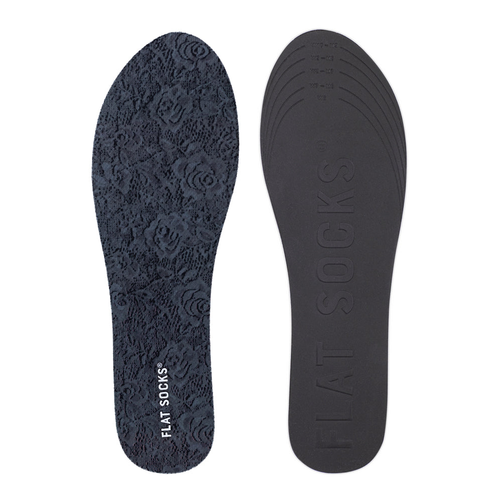 View of top fabric on left liner, view of bottom of right liner. Insole liner Features a lace-style with roses printed on top fabric. Bottom of FLAT SOCK is 100% black polyurethane foam and provides slight cushion under foot and its super grippy surface helps liner stay in place all day #size_small-up-to-women-s-11-men-s-10