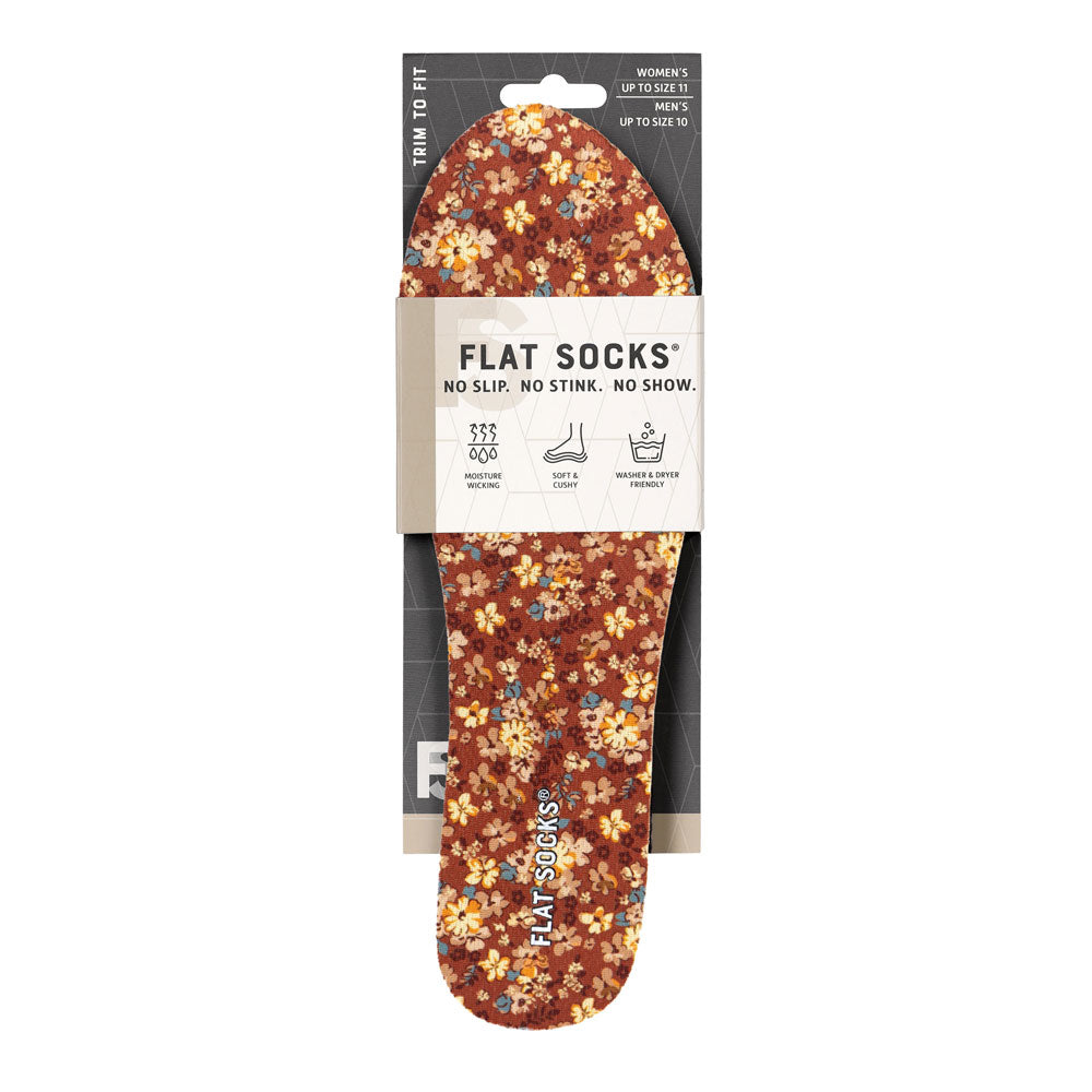 View of the front of rust red with floral print FLAT SOCK in packaging, FLAT SOCKS no slip, no stink, no show. Moisture wicking, soft & cushy, washer & dryer friendly. Features orange, yellow, and tan flowers printed on insole liner #size_small-up-to-women-s-11-men-s-10