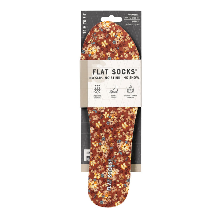 View of the front of rust red with floral print FLAT SOCK in packaging, FLAT SOCKS no slip, no stink, no show. Moisture wicking, soft & cushy, washer & dryer friendly. Features orange, yellow, and tan flowers printed on insole liner #size_small-up-to-women-s-11-men-s-10