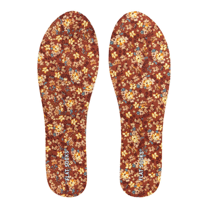 View of top fabric on pair of rust red with floral print FLAT SOCKS, insole liner Features orange, yellow, and tan flowers printed on top fabric #size_small-up-to-women-s-11-men-s-10