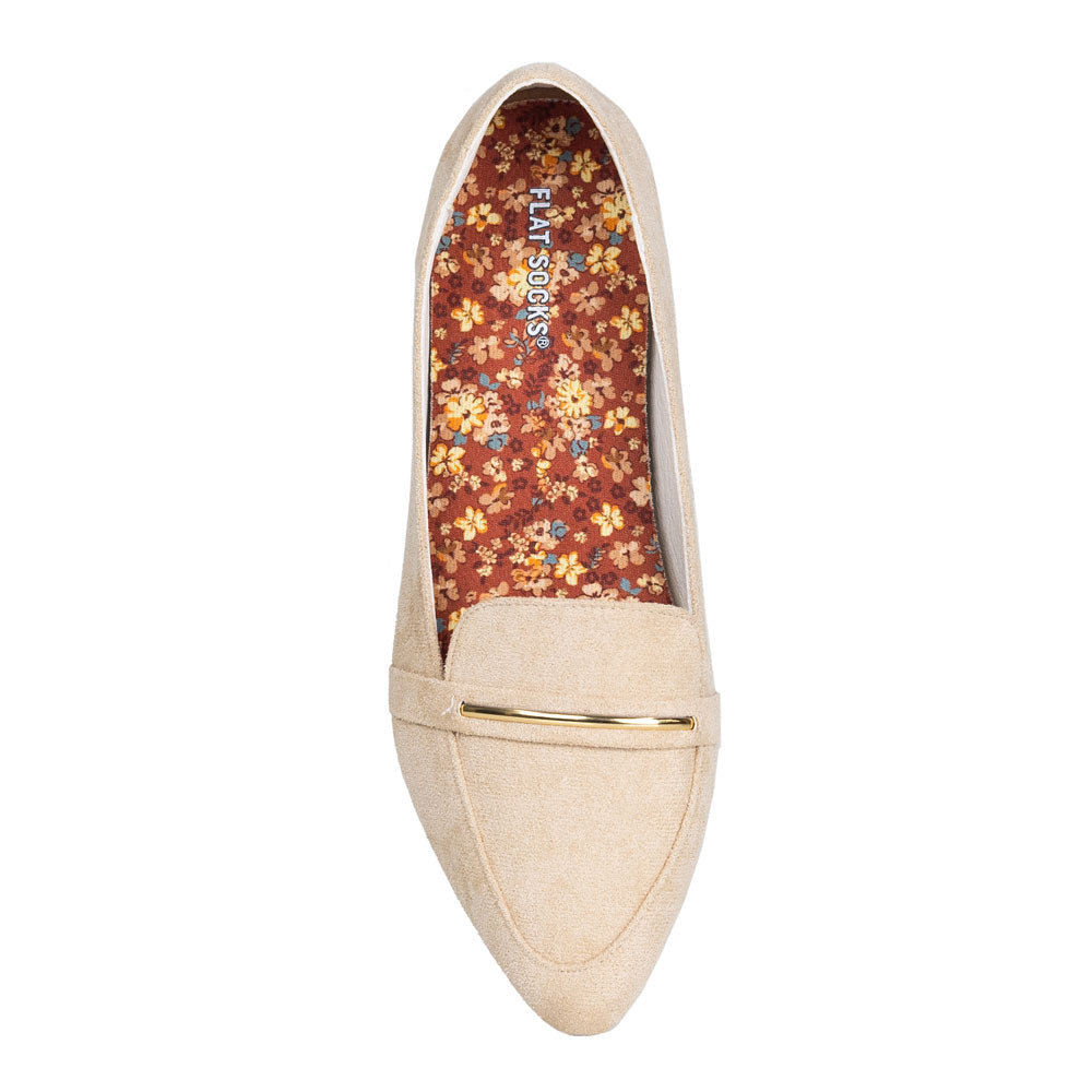 Rust red with floral print FLAT SOCK in tan flat slip-on shoe. Insole liner Features orange, yellow, and tan flowers printed on top fabric. Shoe liner is made of 100% polyester BK mesh, a more breathable material, helps protect and extend life of shoes. #size_small-up-to-women-s-11-men-s-10