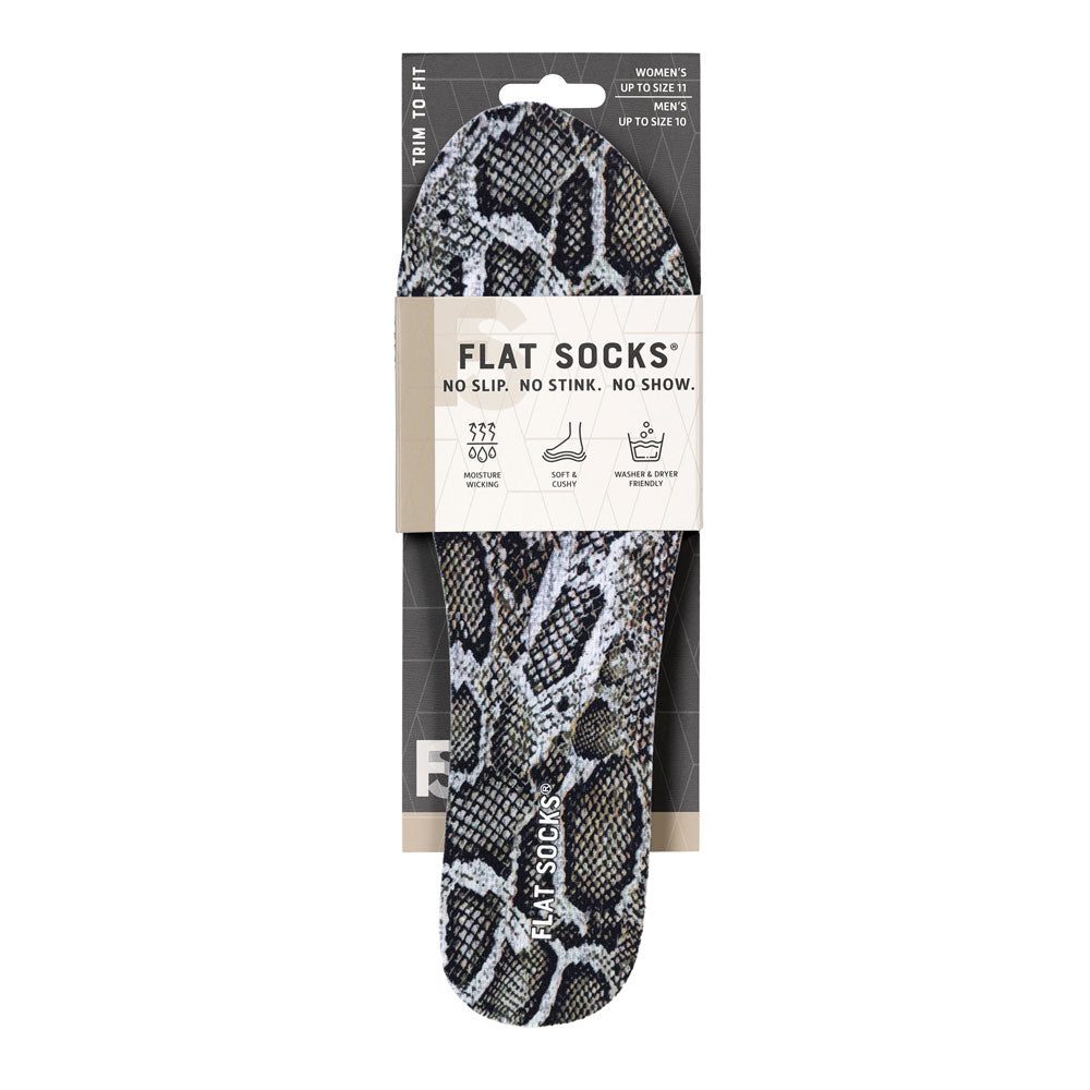 View of the front of gray and silver snake skin print FLAT SOCK in packaging, FLAT SOCKS no slip, no stink, no show. Moisture wicking, soft & cushy, washer & dryer friendly. Features gray, silver, and white snake skin printed on insole liner #size_small-up-to-women-s-11-men-s-10