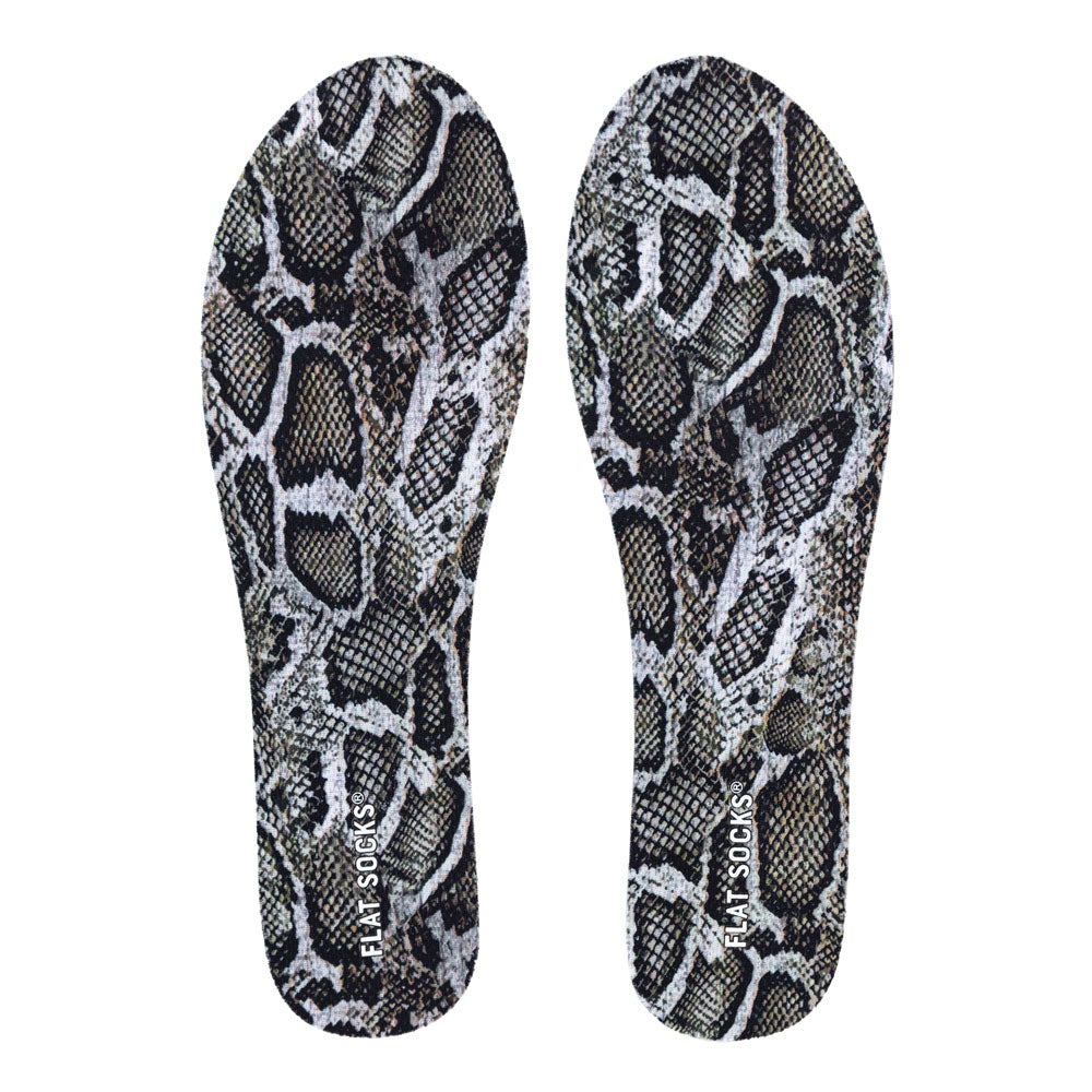 View of top fabric on pair of gray and silver snake skin print FLAT SOCKS, insole liner features gray, silver, and white snake skin on top fabric #size_small-up-to-women-s-11-men-s-10