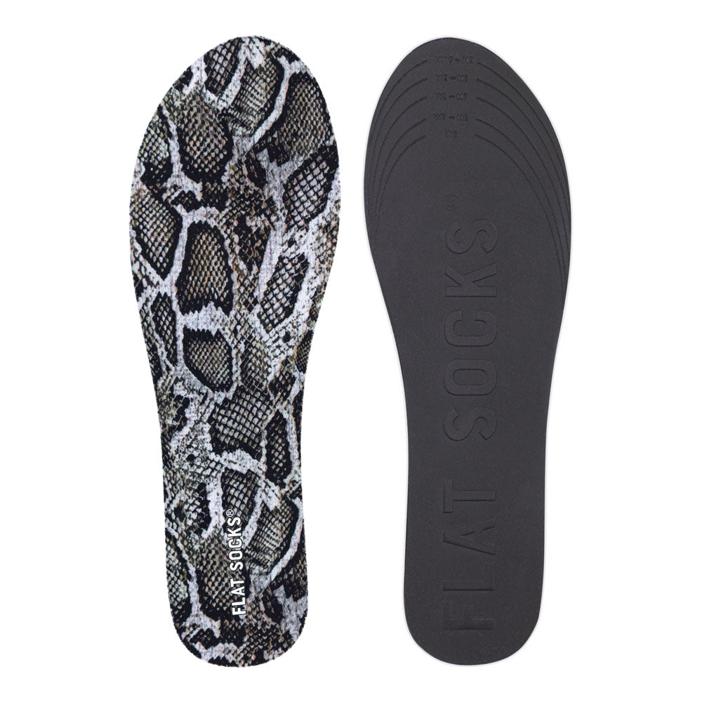 View of top fabric on left liner, view of bottom of right liner. Insole liner features gray, silver, and white snake skin on top fabric. Bottom of FLAT SOCK is 100% black polyurethane foam and provides slight cushion under foot and its super grippy surface helps liner stay in place all day #size_small-up-to-women-s-11-men-s-10