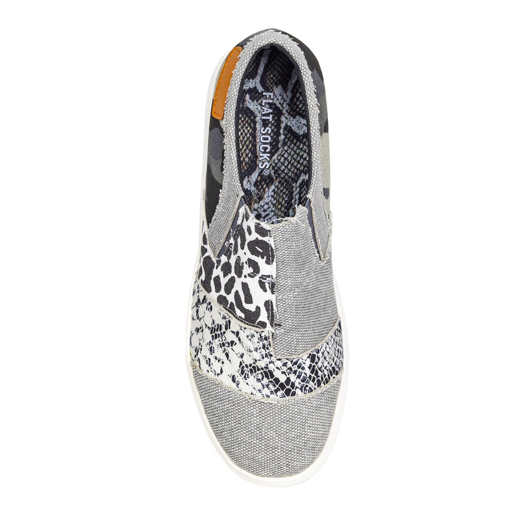 Gray and silver snake skin print FLAT SOCK in gray multi-styled slip-on flat. Insole liner features gray, silver, and white snake skin on top fabric. Shoe liner is made of 100% polyester BK mesh, a more breathable material, helps protect and extend life of shoes. #size_small-up-to-women-s-11-men-s-10