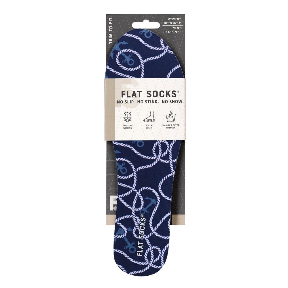 View of the front of dark navy blue with sea theme print FLAT SOCK in packaging, FLAT SOCKS no slip, no stink, no show. Moisture wicking, soft & cushy, washer & dryer friendly. Features dark navy blue with rope and anchors print on insole liner #size_small-up-to-women-s-11-men-s-10