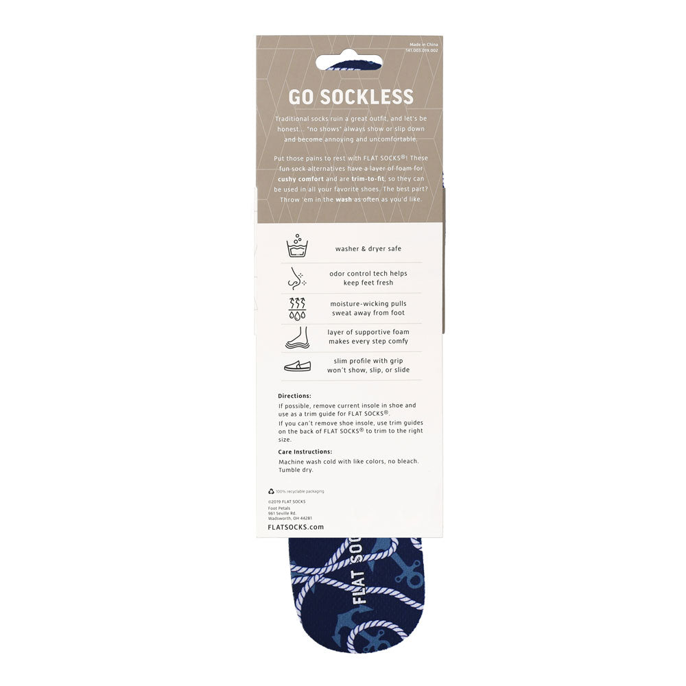 View of the back of dark navy blue with sea theme print FLAT SOCK in packaging, washer & dryer safe, odor control tech help keep feet fresh, moisture-wicking pulls sweat away from foot, layer of supportive foam makes every step comfy, slim profile with grip won’t show, slip, or slide. #size_small-up-to-women-s-11-men-s-10