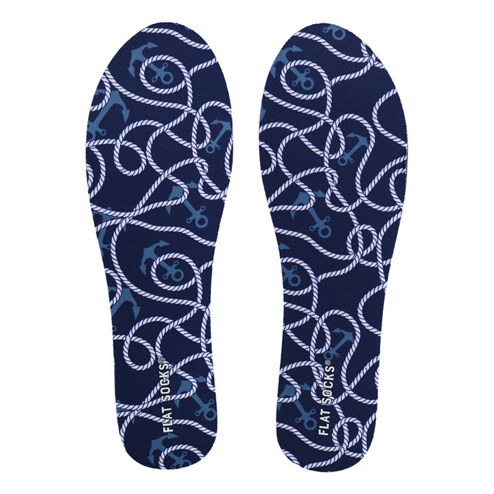 View of top fabric on pair of dark navy blue with sea theme print FLAT SOCK, insole liner features dark navy blue with rope and anchors print on top fabric #size_small-up-to-women-s-11-men-s-10