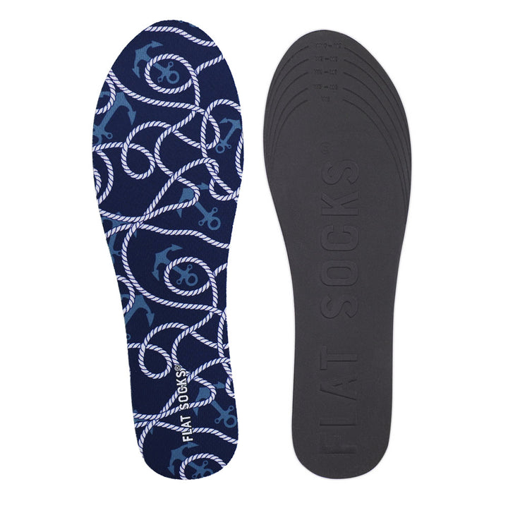 View of top fabric on left liner, view of bottom of right liner. Insole liner features dark navy blue with sea theme print on top fabric. Bottom of FLAT SOCK is 100% black polyurethane foam and provides slight cushion under foot and its super grippy surface helps liner stay in place all day #size_small-up-to-women-s-11-men-s-10