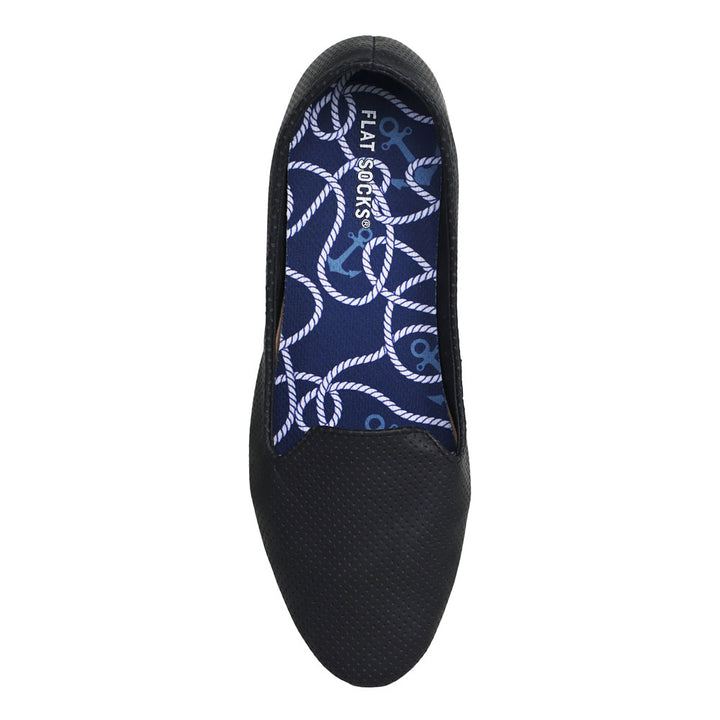 Dark navy blue with sea theme print FLAT SOCK in black slip-on shoe. Insole liner features dark navy blue with rope and anchors print on top fabric. Shoe liner is made of 100% polyester bk mesh material, more breathable, helps protect and extend life of shoes. #size_small-up-to-women-s-11-men-s-10