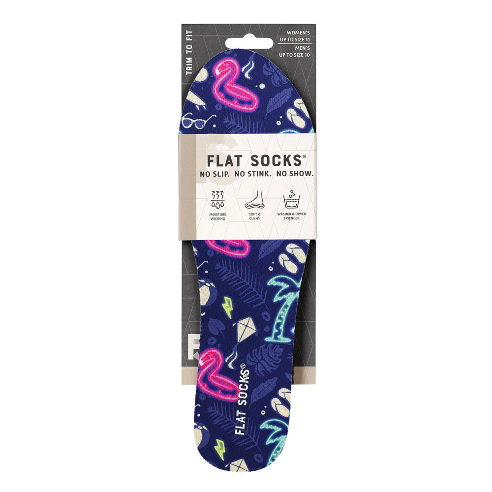 View of the front of navy blue with pink flamingos, neon blue palm trees, palm leaves and sunglasses print FLAT SOCK in packaging, FLAT SOCKS no slip, no stink, no show. Moisture wicking, soft & cushy, washer & dryer friendly. Features beach themed print on insole liner #size_small-up-to-women-s-11-men-s-10