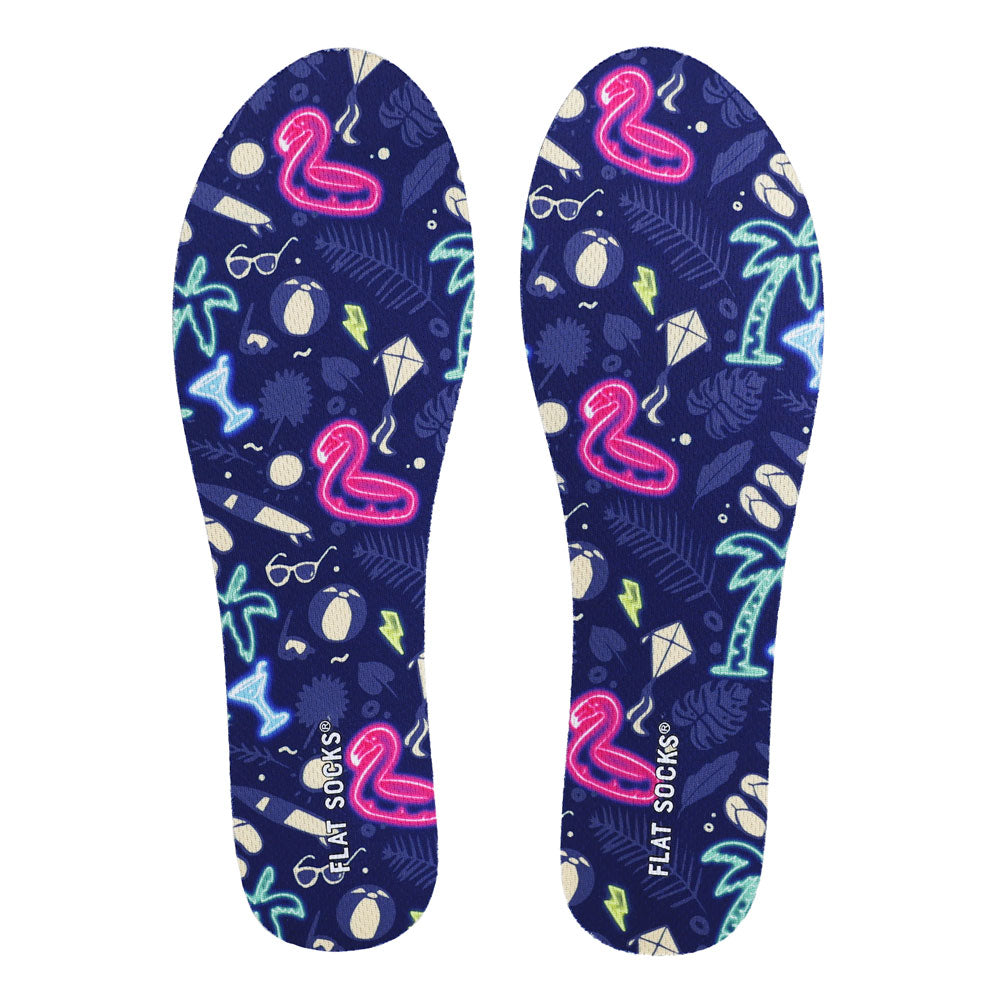 View of top fabric on pair of beach themed print FLAT SOCK, insole liner features flamingos, palm trees, sunglasses on top fabric #size_small-up-to-women-s-11-men-s-10
