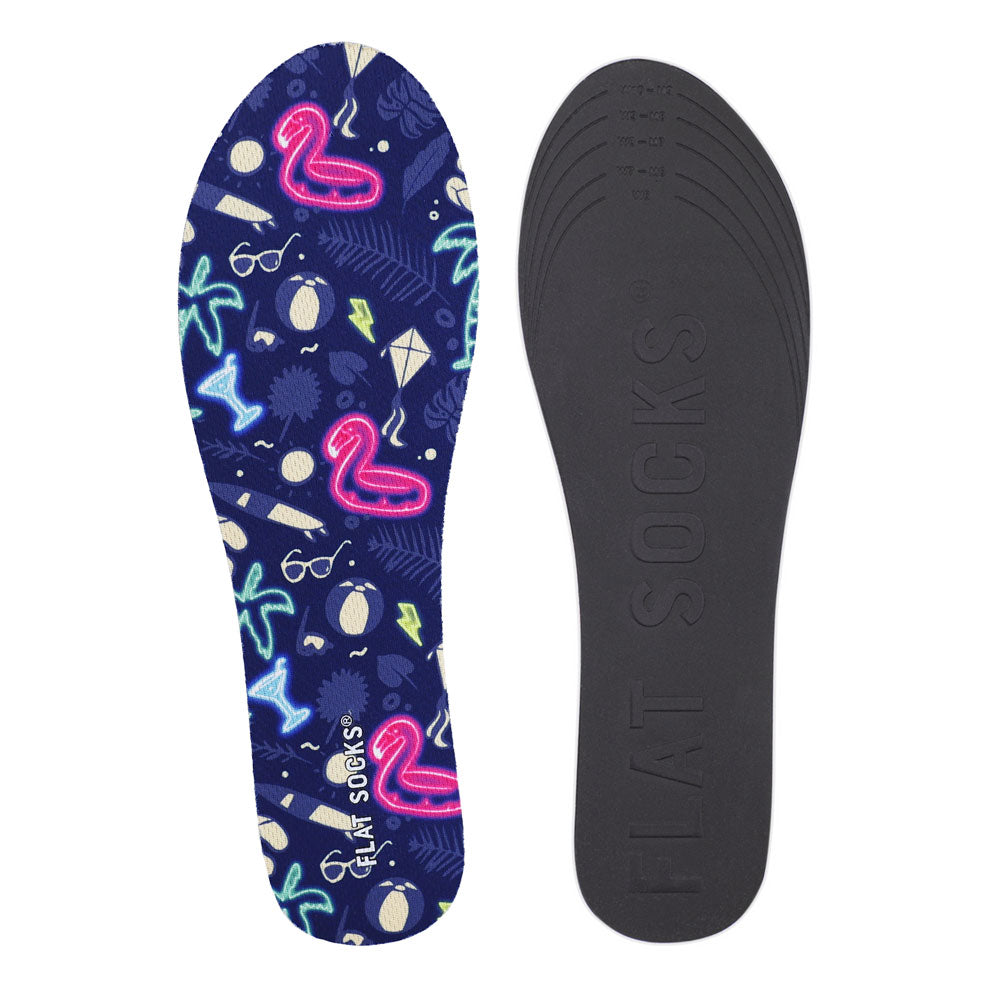 View of top fabric on left liner, view of bottom of right liner. Insole liner features flamingos, palm trees, sunglasses printed on top fabric. Bottom of FLAT SOCK is 100% black polyurethane foam and provides slight cushion under foot and its super grippy surface helps liner stay in place all day #size_small-up-to-women-s-11-men-s-10