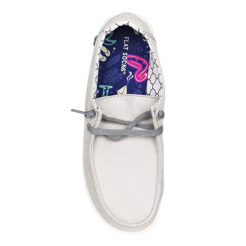 Navy blue with pink flamingos, neon blue palm trees, palm leaves and sunglasses print FLAT SOCK in light gray slip-on shoe. Insole liner features beach themed print on top fabric. Shoe liner is made of 100% polyester BK Mesh material, tighter knit material that is more breathable, helps protect and extend life of shoes. #size_small-up-to-women-s-11-men-s-10