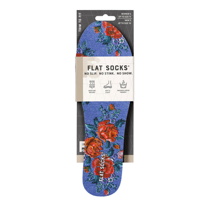 View of the front of blue denim and floral print FLAT SOCK in packaging, FLAT SOCKS no slip, no stink, no show. Moisture wicking, soft & cushy, washer & dryer friendly. Features blue denim and red rose floral print on insole liner #size_small-up-to-women-s-11-men-s-10