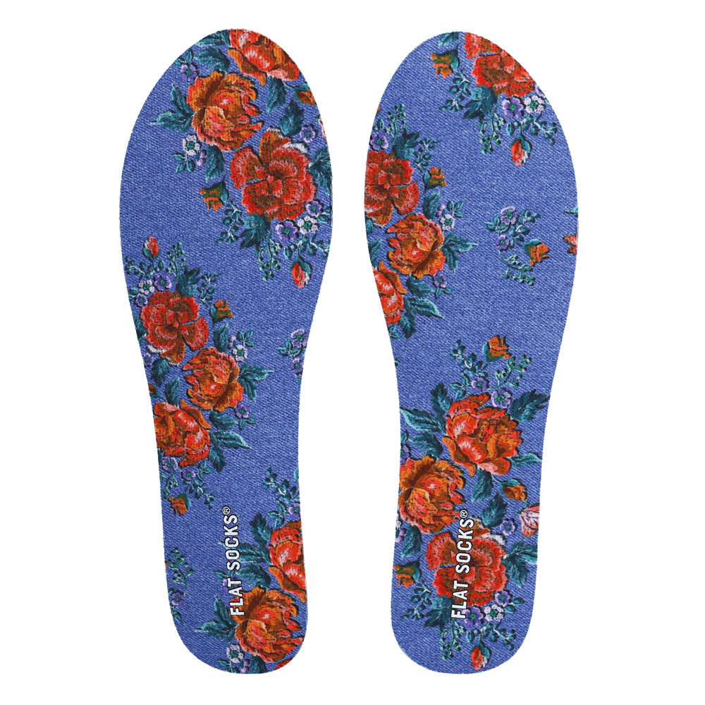 View of top fabric on pair of blue denim and floral print FLAT SOCK, insole liner features blue denim and red rose floral print on top fabric #size_small-up-to-women-s-11-men-s-10