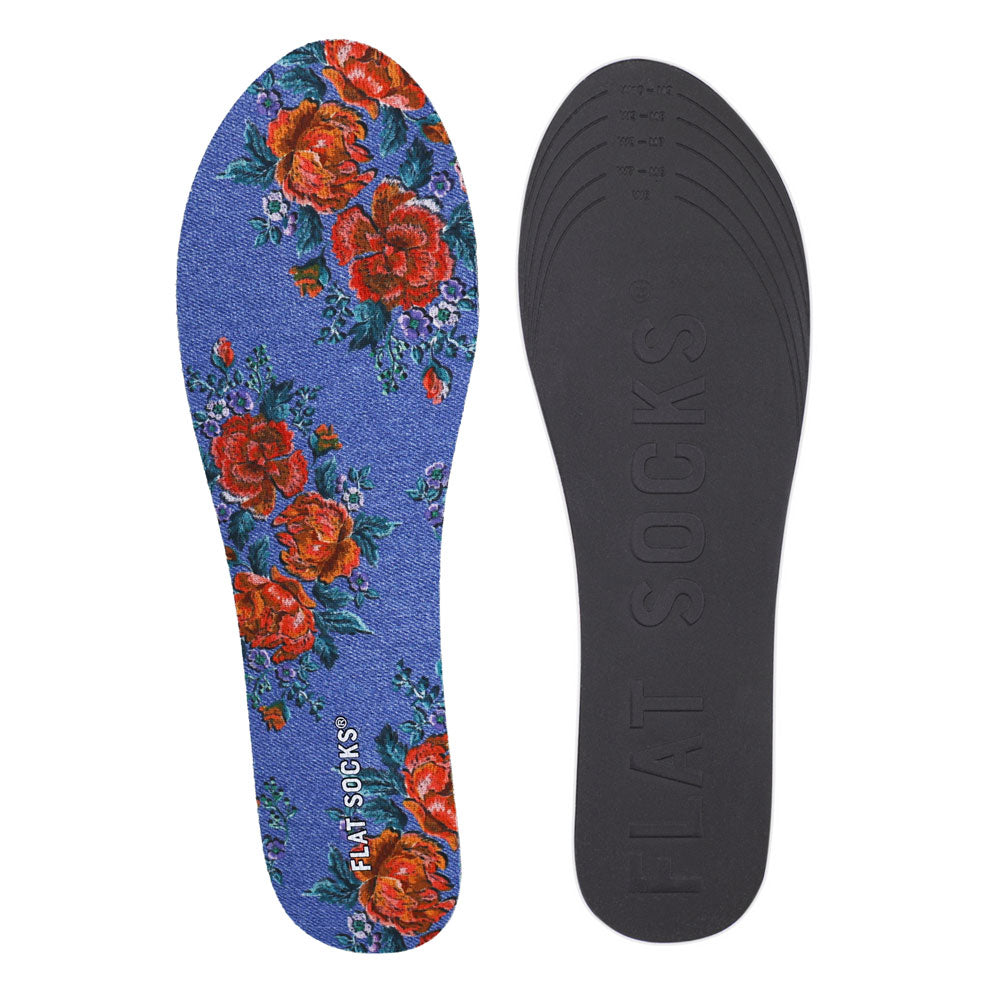 View of top fabric on left liner, view of bottom of right liner. Insole liner features blue denim and floral print on top fabric. Bottom of FLAT SOCK is 100% black polyurethane foam and provides slight cushion under foot and its super grippy surface helps liner stay in place all day #size_small-up-to-women-s-11-men-s-10