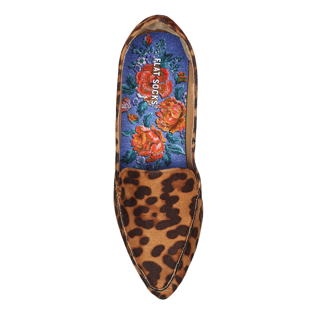 Blue denim and floral print FLAT SOCK in tan leopard print slip-on shoe. Insole liner features blue denim and red rose floral print on top fabric. Shoe liner is made of 100% polyester BK Mesh material, tighter knit material that is more breathable, helps protect and extend life of shoes. #size_small-up-to-women-s-11-men-s-10