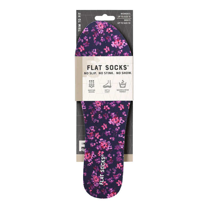 View of the front of dark purple with flowers print FLAT SOCK in packaging, FLAT SOCKS no slip, no stink, no show. Moisture wicking, soft & cushy, washer & dryer friendly. Features dark purple with small pink and violet flowers print on insole liner #size_small-up-to-women-s-11-men-s-10