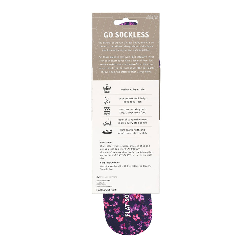 View of the back of dark purple with flowers print FLAT SOCK in packaging, washer & dryer safe, odor control tech help keep feet fresh, moisture-wicking pulls sweat away from foot, layer of supportive foam makes every step comfy, slim profile with grip won’t show, slip, or slide. #size_small-up-to-women-s-11-men-s-10