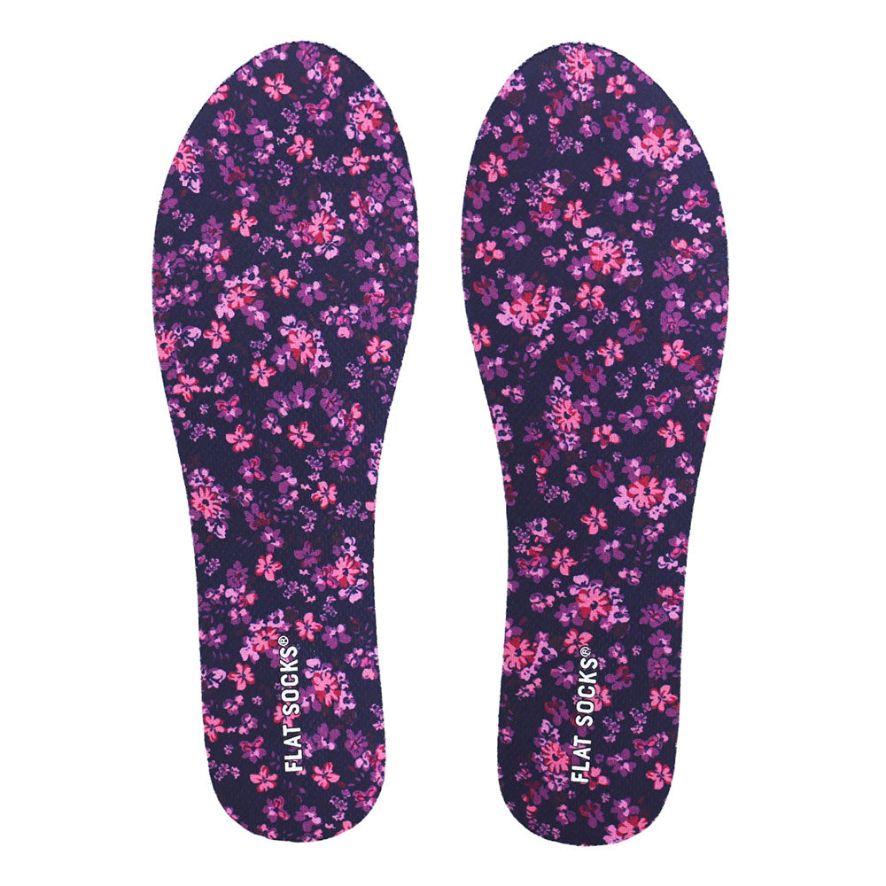 View of top fabric on pair of dark purple with flowers print FLAT SOCK, insole liner features dark purple with small pink and violet flowers print on top fabric #size_small-up-to-women-s-11-men-s-10