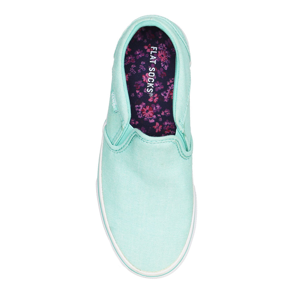 Dark purple with flowers print FLAT SOCK in light teal slip-on shoe. Insole liner features dark purple with small pink and violet flowers print on top fabric. Shoe liner is made of 100% polyester bk mesh material, more breathable, helps protect and extend life of shoes. #size_small-up-to-women-s-11-men-s-10