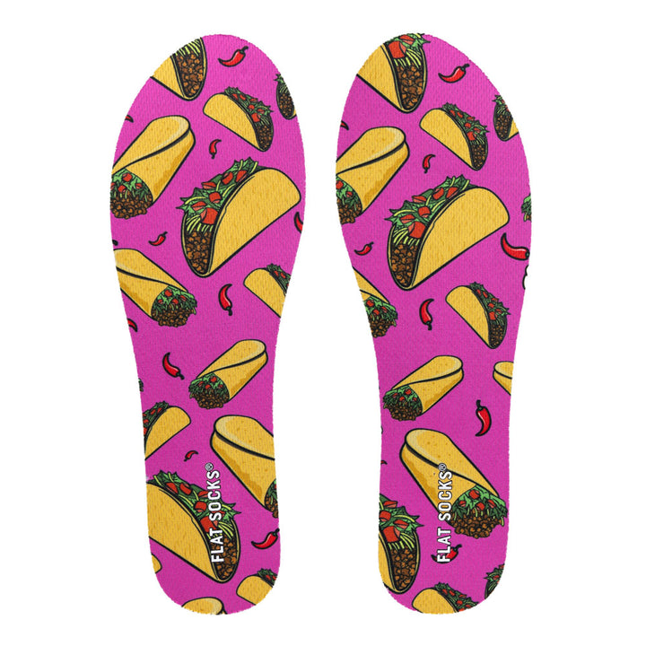 View of top fabric on pair of vibrant pink with hard-shell taco and soft-shell taco print FLAT SOCKS, insole liner Features soft-shell tacos and hard-shell tacos with meat, lettuce, and tomatoes on top fabric #size_small-up-to-women-s-11-men-s-10