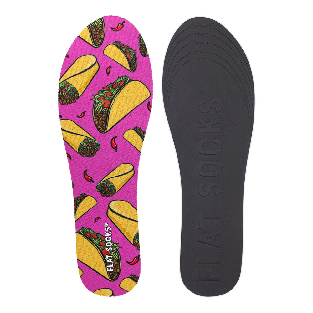 View of top fabric on left liner, view of bottom of right liner. Insole liner Features soft-shell tacos and hard-shell tacos with meat, lettuce, and tomatoes on top fabric. Bottom of FLAT SOCK is 100% black polyurethane foam and provides slight cushion under foot and its super grippy surface helps liner stay in place all day #size_small-up-to-women-s-11-men-s-10