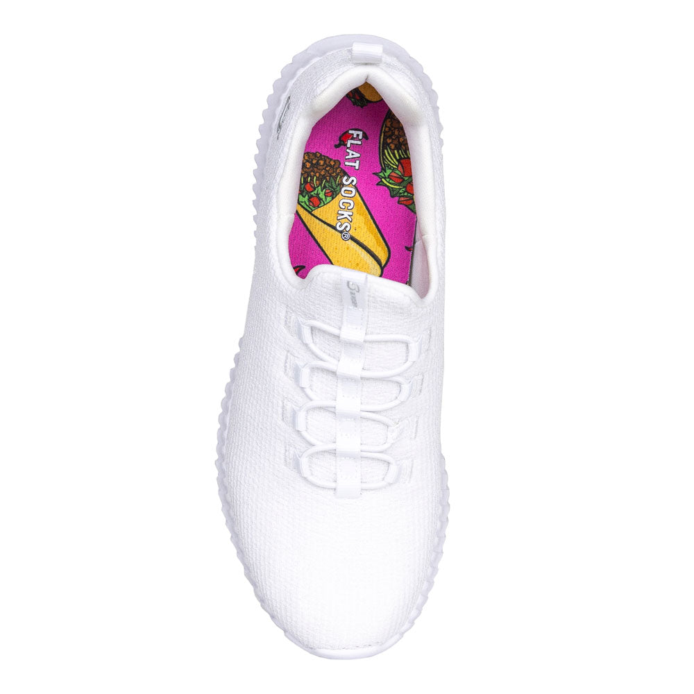 Vibrant pink with hard-shell taco and soft-shell taco print FLAT SOCK in white slip-on sneaker. Insole liner Features soft-shell tacos and hard-shell tacos with meat, lettuce, and tomatoes on top fabric. Shoe liner is made of 100% polyester BK mesh, a more breathable material, helps protect and extend life of shoes. #size_small-up-to-women-s-11-men-s-10