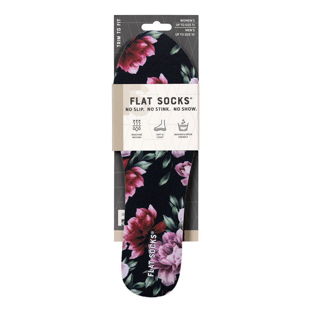 View of the front of black with pink and dark fuchsia peony and green peony leaves floral print FLAT SOCK in packaging, FLAT SOCKS no slip, no stink, no show. Moisture wicking, soft & cushy, washer & dryer friendly. Features pink and dark fuchsia peony flowers and green peony leaves printed on insole liner #size_small-up-to-women-s-11-men-s-10