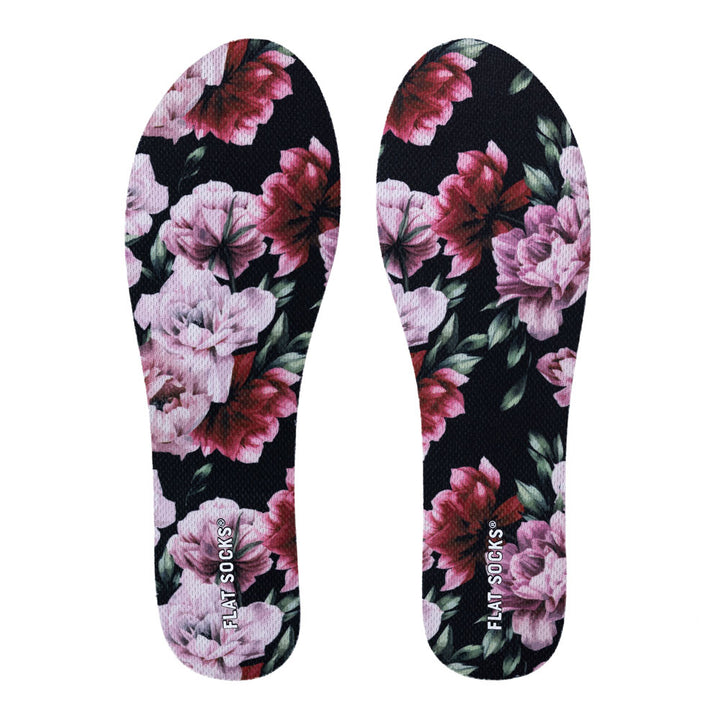 View of top fabric on pair of black with pink and dark fuchsia peony and green peony leaves floral print FLAT SOCKS, insole liner Features pink and dark fuchsia peony flowers and green peony leaves on top fabric #size_small-up-to-women-s-11-men-s-10