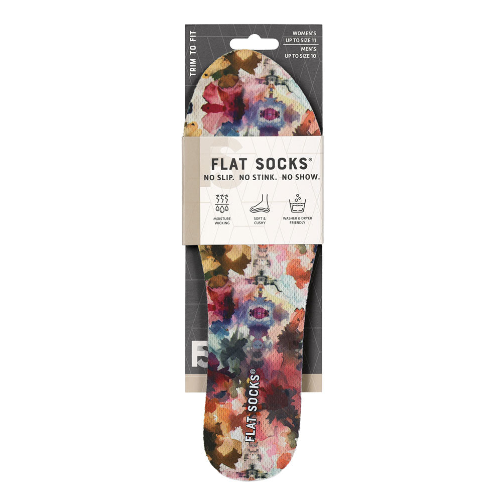 View of the front of yellow, amber, deep blue, and maroon wildflower watercolor floral print FLAT SOCK in packaging, FLAT SOCKS no slip, no stink, no show. Moisture wicking, soft & cushy, washer & dryer friendly. Features wildflower watercolor print on insole liner #size_small-up-to-women-s-11-men-s-10