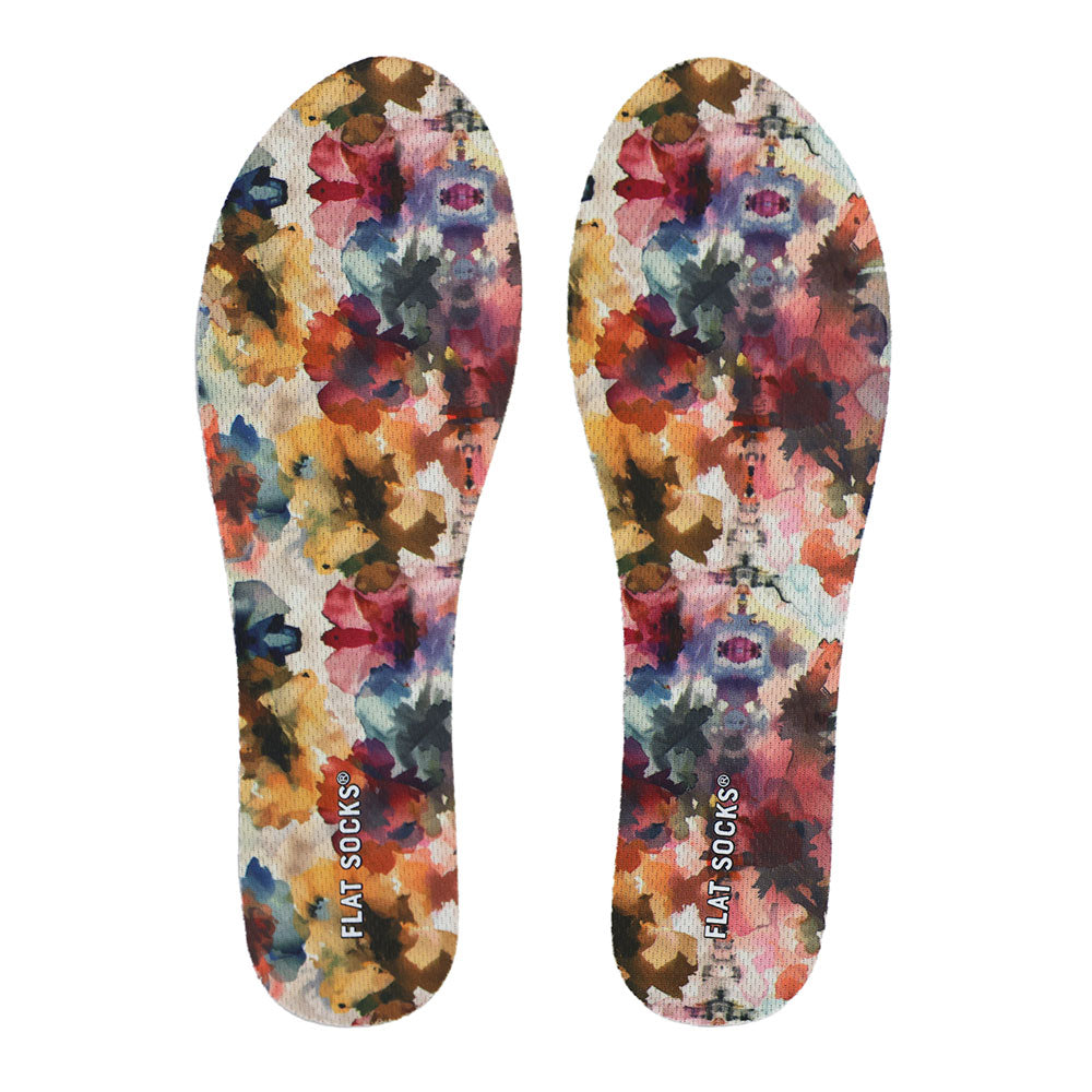 View of top fabric on pair of watercolor wildflower floral print FLAT SOCK, insole liner features yellow, amber, deep blue, and maroon wildflower watercolor floral print on top fabric #size_small-up-to-women-s-11-men-s-10