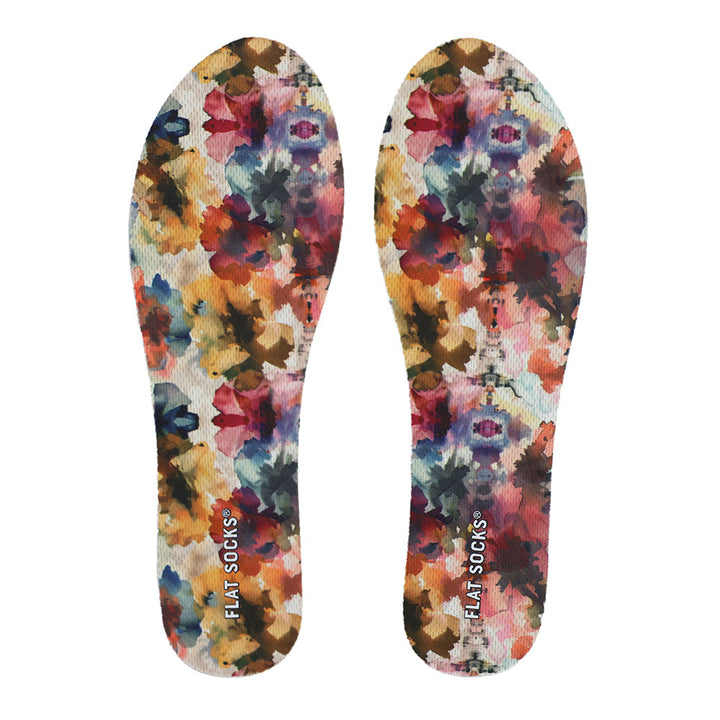 View of top fabric on pair of watercolor wildflower floral print FLAT SOCK, insole liner features yellow, amber, deep blue, and maroon wildflower watercolor floral print on top fabric #size_small-up-to-women-s-11-men-s-10
