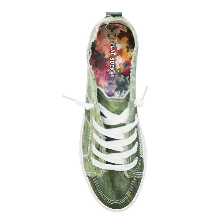 Yellow, amber, deep blue, and maroon wildflower watercolor floral print FLAT SOCK in faded green canvas shoe. Insole liner features wildflower watercolor floral print on top fabric. Shoe liner is made of 100% tightly knit polyester material, very similar to the mesh you find in athletic shoes; comfy and breathable; helps protect and extend life of shoes. #size_small-up-to-women-s-11-men-s-10