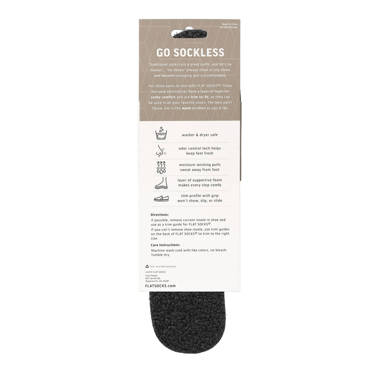 View of the back of black sherpa-like faux fur FLAT SOCK in packaging, washer & dryer safe, odor control tech help keep feet fresh, moisture-wicking pulls sweat away from foot, layer of supportive foam makes every step comfy, slim profile with grip won’t show, slip, or slide. #size_small-up-to-women-s-11-men-s-10