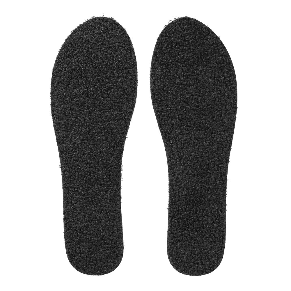 View of top fabric on pair of black sherpa-like faux fur FLAT SOCKS, insole liner features black curly poodle-like faux fur #size_small-up-to-women-s-11-men-s-10