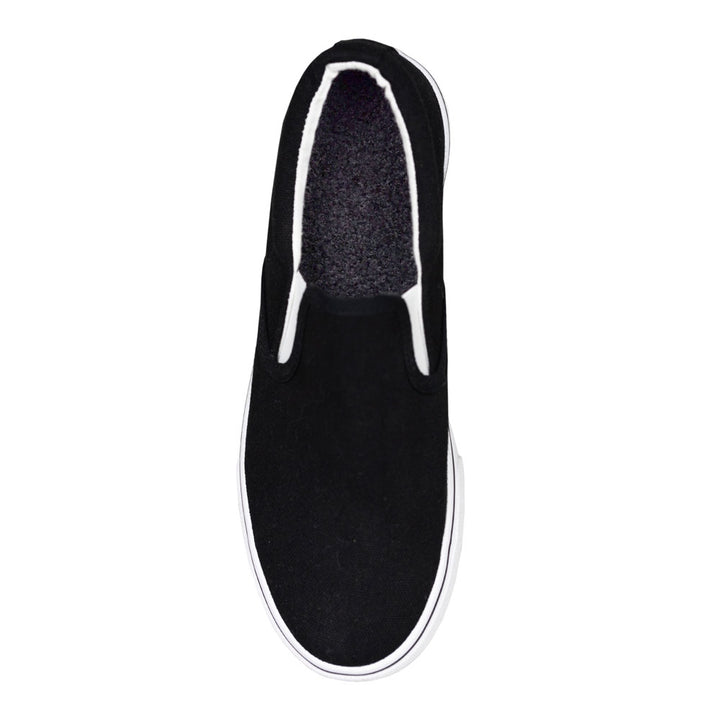 Black sherpa-like faux fur FLAT SOCK in black slip-on flat shoe. Insole liner features black curly poodle-like faux fur. Shoe liner is made of 100% polyester textured curly-pile, fluffy and comfy cushioning, helps protect and extend life of shoes. #size_small-up-to-women-s-11-men-s-10