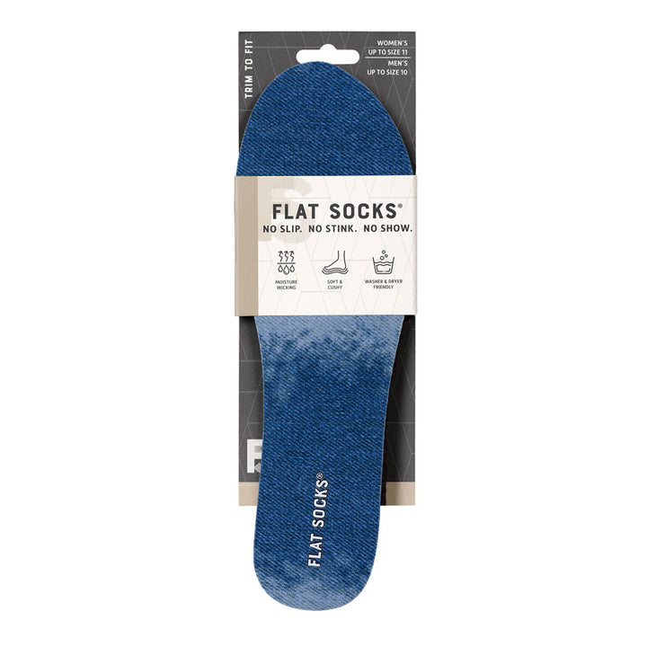 View of the front of blue and faded blue denim print FLAT SOCK in packaging, FLAT SOCKS no slip, no stink, no show. Moisture wicking, soft & cushy, washer & dryer friendly. Features blue and faded blue denim jean style printed on insole liner #size_small-up-to-women-s-11-men-s-10