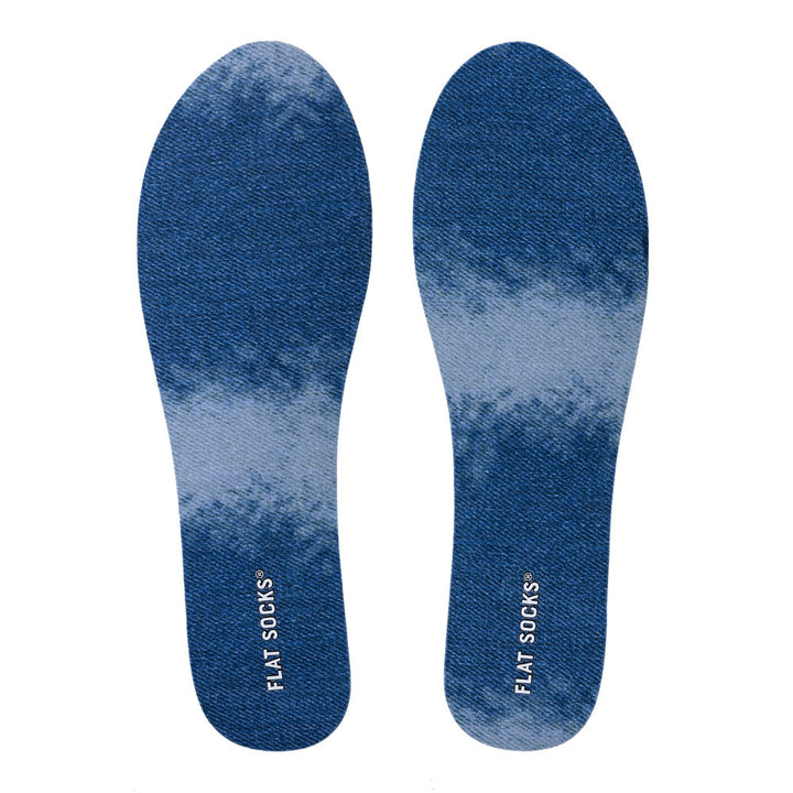 View of top fabric on pair of blue and faded blue denim print FLAT SOCKS, insole liner features blue and faded blue denim jean style on top fabric #size_small-up-to-women-s-11-men-s-10