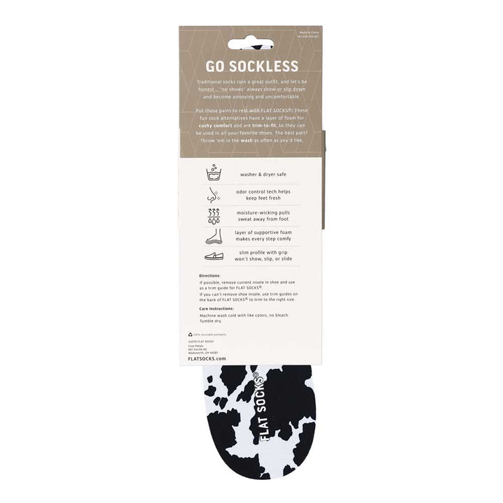 View of the back of white and black animal print FLAT SOCK in packaging, washer & dryer safe, odor control tech help keep feet fresh, moisture-wicking pulls sweat away from foot, layer of supportive foam makes every step comfy, slim profile with grip won’t show, slip, or slide. #size_large-up-to-women-s-13-men-s-14